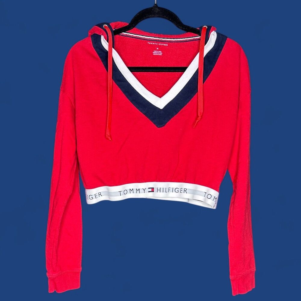 Tommy Hilfiger Womens Red Cropped V-Neck Hoodie - M Lounge Striped Retro Soft